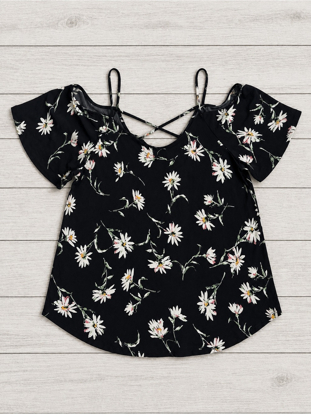 Kaileigh Black Floral Cold Shoulder Crisscross Back Knit Top
